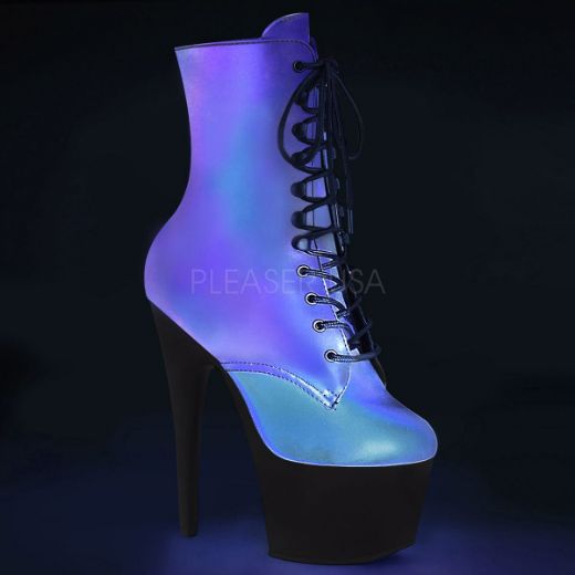 Product image of Pleaser ADORE-1020REFL Green Multicolour Reflective/Black Matte 7 inch (17.8 cm) Heel 2 3/4 inch (7 cm) Platform Lace-Up Ankle Boot Side Zip