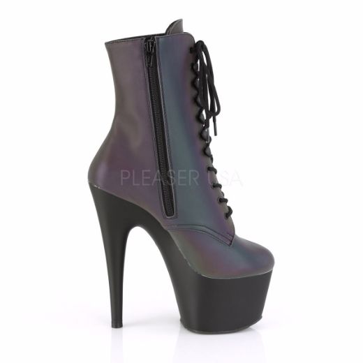 Product image of Pleaser ADORE-1020REFL Green Multicolour Reflective/Black Matte 7 inch (17.8 cm) Heel 2 3/4 inch (7 cm) Platform Lace-Up Ankle Boot Side Zip