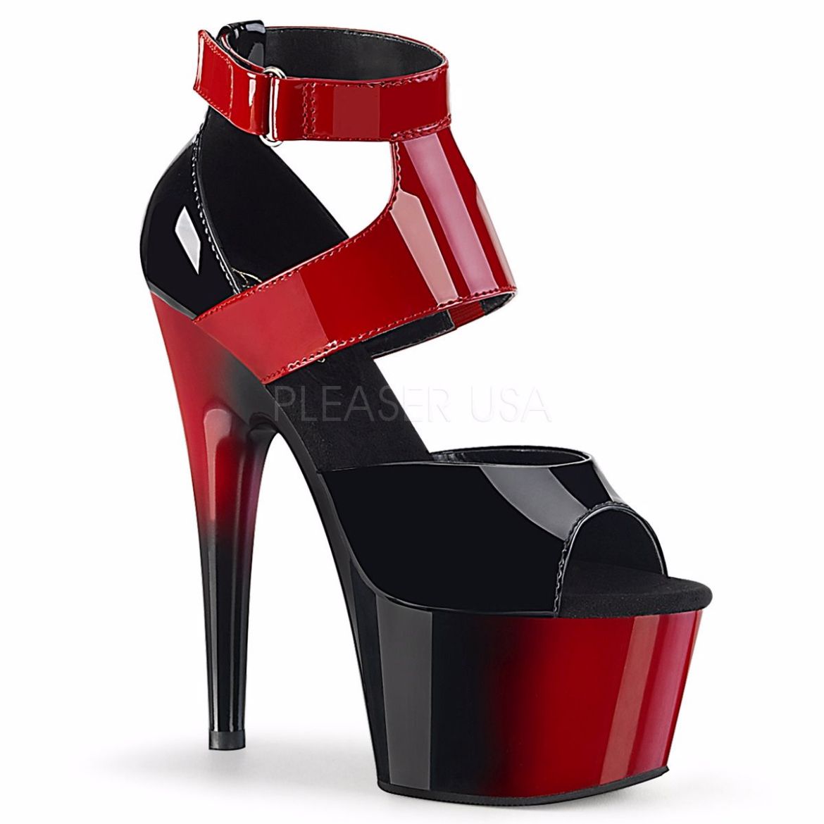 Product image of Pleaser ADORE-700-16 Black-Red Patent/Red-Black 7 inch (17.8 cm) Heel 2 3/4 inch (7 cm) Platform Two Tone Close Back Ankle Strap Sandal Shoes