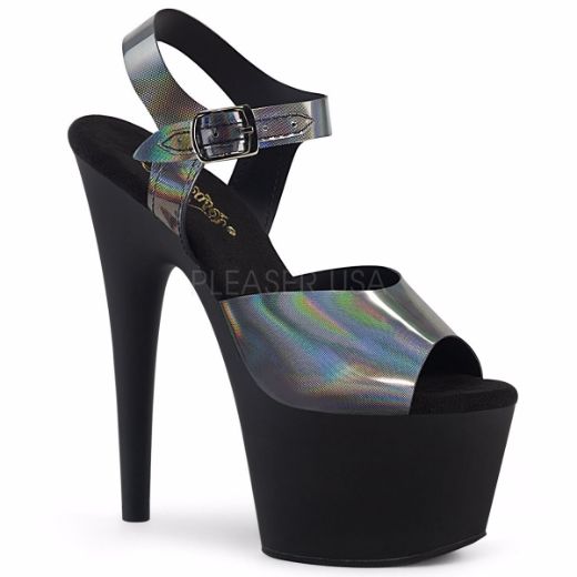 Product image of Pleaser ADORE-708N-DT Pewter Holographic Polyurethane (Pu)/Black Matte 7 inch (17.8 cm) Heel 2 3/4 inch (7 cm) Platform Ankle Strap Sandal Shoes