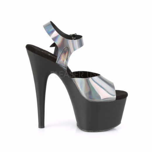 Product image of Pleaser ADORE-708N-DT Pewter Holographic Polyurethane (Pu)/Black Matte 7 inch (17.8 cm) Heel 2 3/4 inch (7 cm) Platform Ankle Strap Sandal Shoes