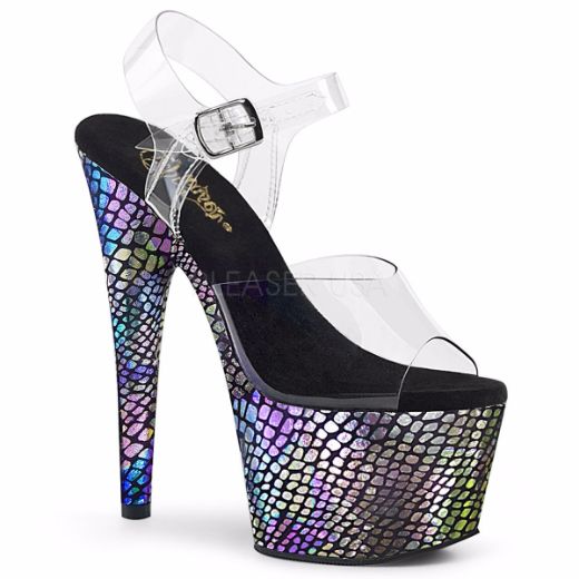 Product image of Pleaser ADORE-708SP Clear/Purple Holographic Wrapped 7 inch (17.8 cm) Heel 2 3/4 inch (7 cm) Platform Ankle Strap Sandal With  Animal Print Skin Print