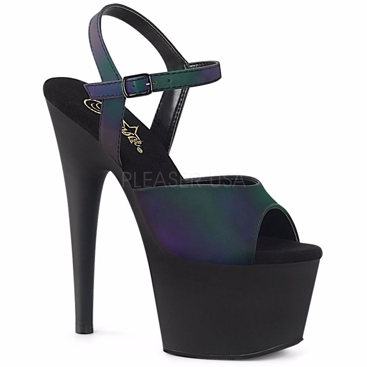 Product image of Pleaser ADORE-709REFL Green Multicolour Reflective/Black Matte 7 inch (17.8 cm) Heel 2 3/4 inch (7 cm) Platform Ankle Strap Sandal Shoes
