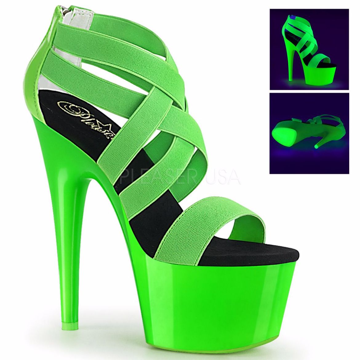 Product image of Pleaser ADORE-769UV Neon Green Elastic Band-Patent/Neon Green 7 inch (17.8 cm) Heel 2 3/4 inch (7 cm) Platform Blacklight (Uv) Reactive Criss Cross Sandal Back Zip
