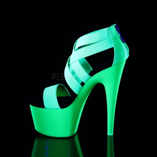 Product image of Pleaser ADORE-769UV Neon Green Elastic Band-Patent/Neon Green 7 inch (17.8 cm) Heel 2 3/4 inch (7 cm) Platform Blacklight (Uv) Reactive Criss Cross Sandal Back Zip