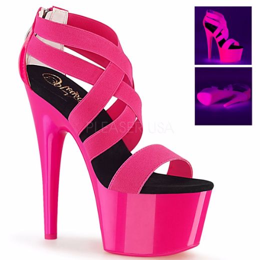 Product image of Pleaser ADORE-769UV Neon Hot Pink Elastic Band-Patent/Neon Hot Pink 7 inch (17.8 cm) Heel 2 3/4 inch (7 cm) Platform Blacklight (Uv) Reactive Criss Cross Sandal Back Zip