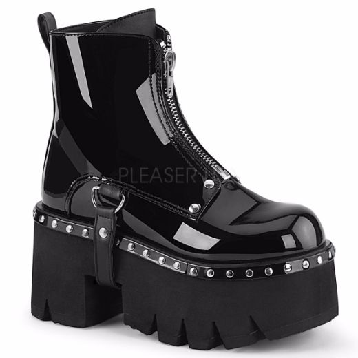 Product image of Demonia ASHES-100 Black Patent-Vegan Faux Leather 3 1/2 inch (9 cm) Chunky Heel Cut Out Platform Ankle Boot Front Zip
