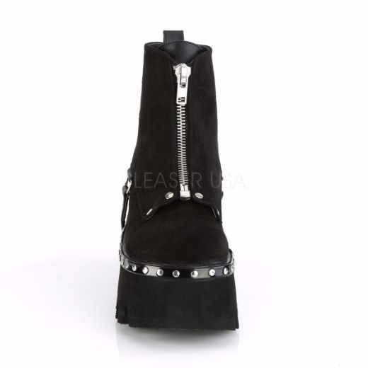 Product image of Demonia ASHES-100 Black Vegan Faux Suede-Black Vegan Faux Leather 3 1/2 inch (9 cm) Chunky Heel Cut Out Platform Ankle Boot Front Zip