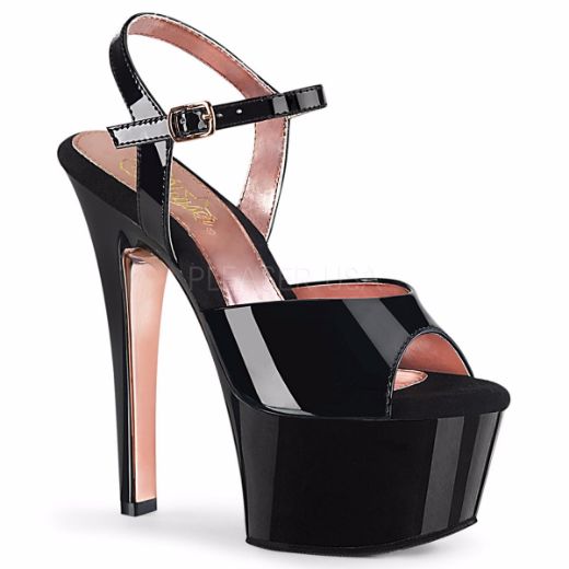 Product image of Pleaser ASPIRE-609TT Black Patent/Black-Rose Gold Chrome 6 inch (15.2 cm) Heel 2 1/4 inch (5.7 cm) Platform Two Tone Ankle Strap Sandal Shoes