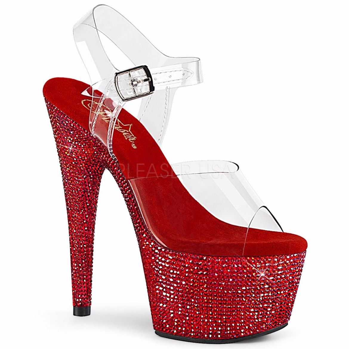 Product image of Pleaser BEJEWELED-708DM Clear/Red Rhinestones 7 inch (17.8 cm) Heel 2 3/4 inch (7 cm) Platform Ankle Strap Sandal With  Rhinestones Shoes