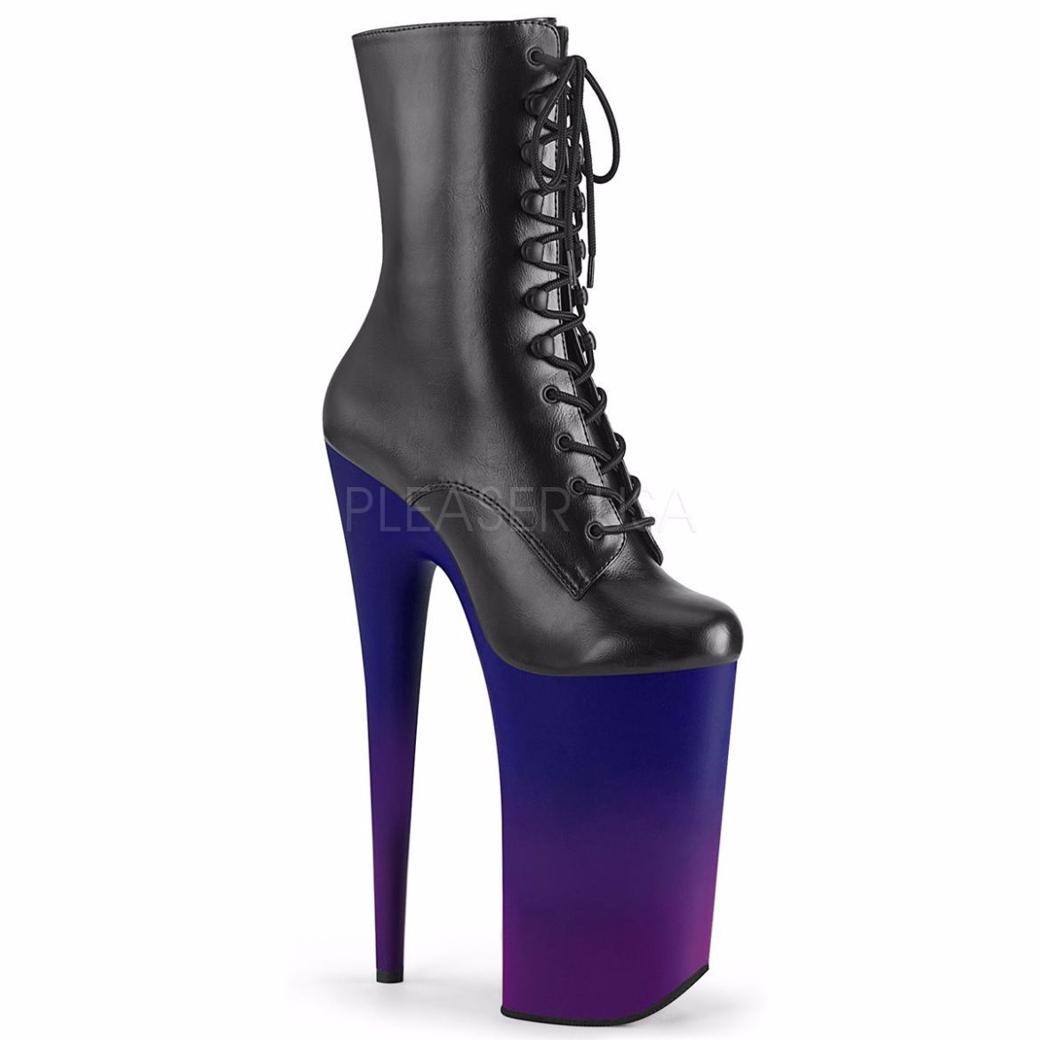 Product image of Pleaser BEYOND-1020BP Black Faux Leather/Blue-Purple Ombre 10 inch (25.5 cm) Heel 6 1/4 inch (16 cm) Platform Lace-Up Ankle Boot Side Zip