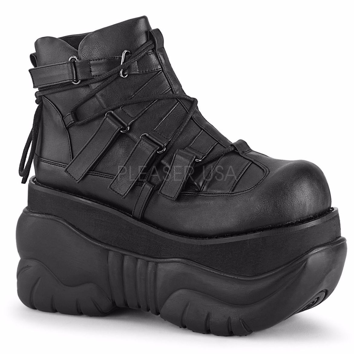 Product image of Demonia BOXER-13 Black Vegan Faux Leather 4 inch Platform Ankle Bootie With  Hook N' Loop Straps