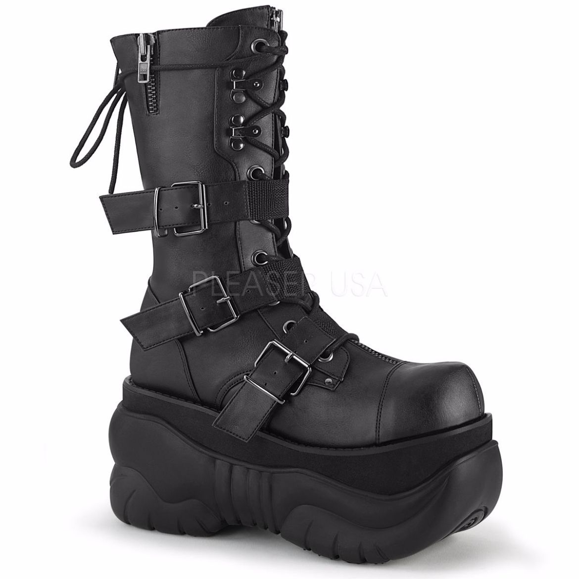 Product image of Demonia BOXER-230 Black Vegan Faux Leather 4 inch Platform Lace-Up  Mid Calf Boot Back Metal Zip