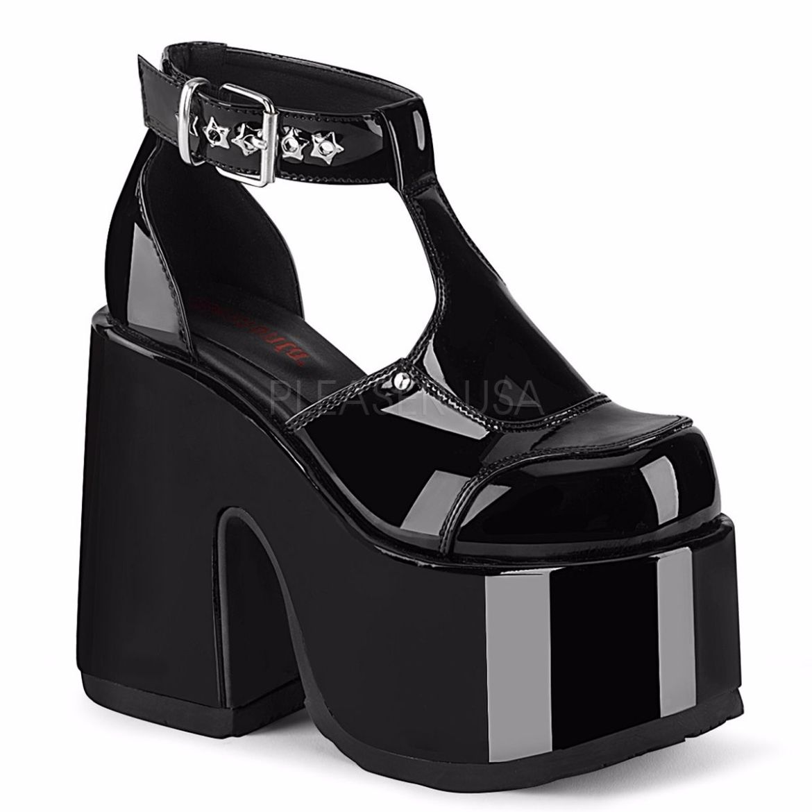 Product image of Demonia CAMEL-103 Black Patent 5 inch (12.7 cm) Chunky Heel 3 inch (7.6 cm) Platform Eyelet T-Straps Sandal Shoes