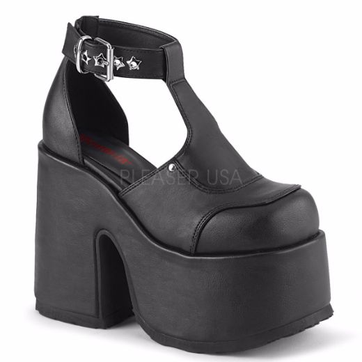 Product image of Demonia CAMEL-103 Black Vegan Faux Leather 5 inch (12.7 cm) Chunky Heel 3 inch (7.6 cm) Platform Eyelet T-Straps Sandal Shoes