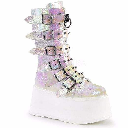 Product image of Demonia DAMNED-225 Pearl Iridescent Vegan Faux Leather 3 1/2 inch Platform Mid-Calf Boot With  6 Buckles Straps Metal Side Zip