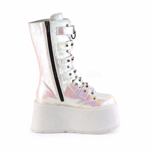 Product image of Demonia DAMNED-225 Pearl Iridescent Vegan Faux Leather 3 1/2 inch Platform Mid-Calf Boot With  6 Buckles Straps Metal Side Zip