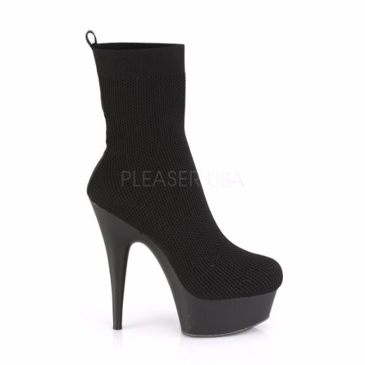 Product image of Pleaser DELIGHT-1002 Black Fabric/Black Matte 6 inch (15.2 cm) Heel 1 3/4 inch (4.5 cm) Platform Pull-On Stretch Sock-Like Ankle Boot
