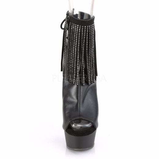 Product image of Pleaser DELIGHT-1018RSF Black Faux Leather/Black Matte 6 inch (15.2 cm) Heel 1 3/4 inch (4.5 cm) Platform Open Toe Rhinestones Fringe Ankle Boot Side Zip