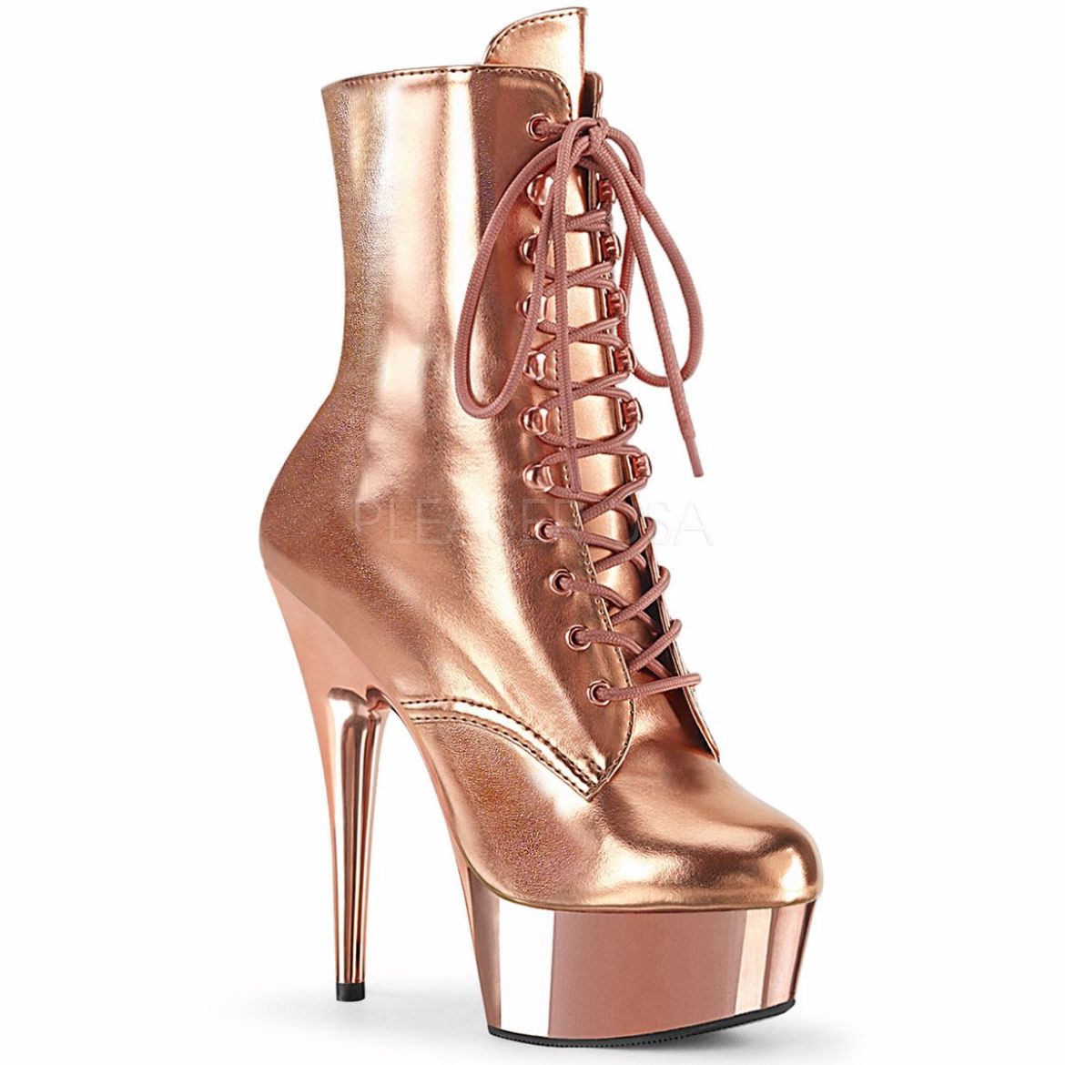 Product image of Pleaser DELIGHT-1020 Rose Gold Metallic Polyurethane (Pu)/Rose Gold Chrome 6 inch (15.2 cm) Heel 1 3/4 inch (4.5 cm) Platform Lace-Up Ankle Boot Side Zip