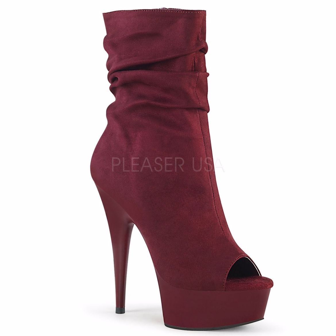 Product image of Pleaser DELIGHT-1031 Burgundy Faux Suede/Burgundy Matte 6 inch (15.2 cm) Heel 1 3/4 inch (4.5 cm) Platform Open Toe Slouch Ankle Boot Side Zip
