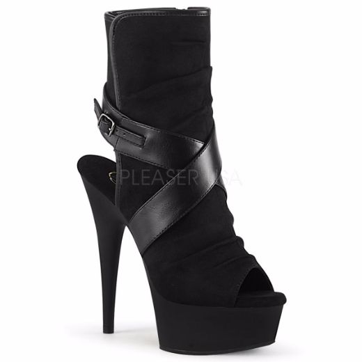 Product image of Pleaser DELIGHT-1034 Black Faux Suede-Faux Leather/Black Matte 6 inch (15.2 cm) Heel 1 3/4 inch (4.5 cm) Platform Open Toe Slouch Ankle Boot Side Zip