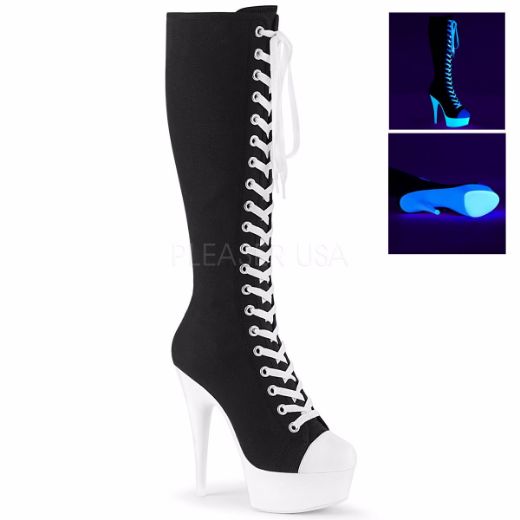 Product image of Pleaser DELIGHT-2000SK-02 Black Canvas-White Faux Leather/Neon White 6 inch (15.2 cm) Heel 1 3/4 inch (4.5 cm) Platform Lace-Up Knee High Sneaker Boot Back Zip
