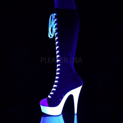 Product image of Pleaser DELIGHT-2000SK-02 Black Canvas-White Faux Leather/Neon White 6 inch (15.2 cm) Heel 1 3/4 inch (4.5 cm) Platform Lace-Up Knee High Sneaker Boot Back Zip