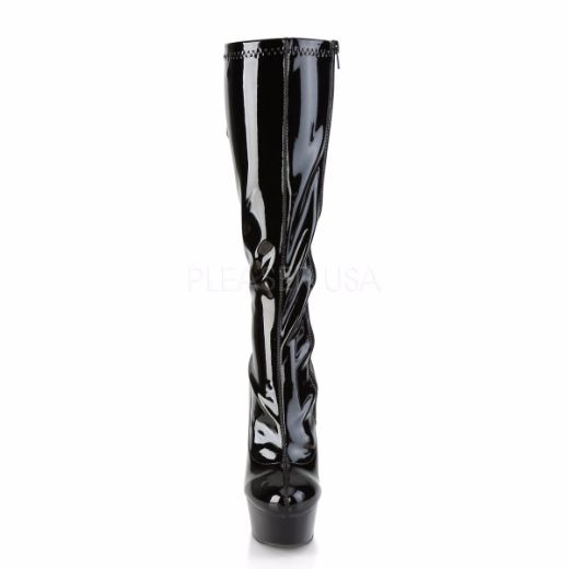 Product image of Pleaser DELIGHT-2029 Black Stretch Patent/Black 6 inch (15.2 cm) Heel 1 3/4 inch (4.5 cm) Platform Knee High Boot With  Back Lace Side Zip