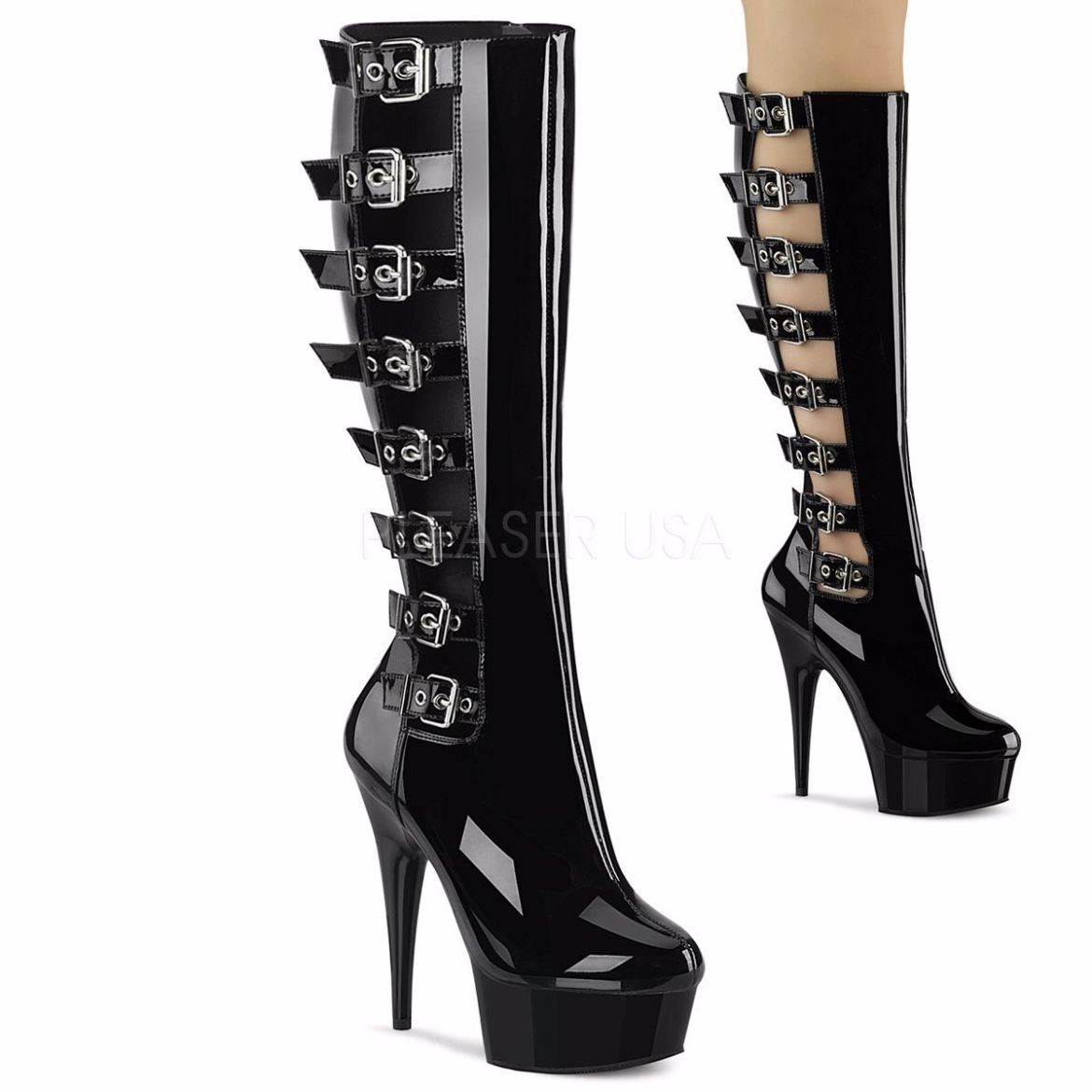 Product image of Pleaser DELIGHT-2047 Black Patent/Black 6 inch (15.2 cm) Heel 1 3/4 inch (4.5 cm) Platform Buckles Knee High Boot Side Zip