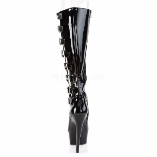 Product image of Pleaser DELIGHT-2047 Black Patent/Black 6 inch (15.2 cm) Heel 1 3/4 inch (4.5 cm) Platform Buckles Knee High Boot Side Zip
