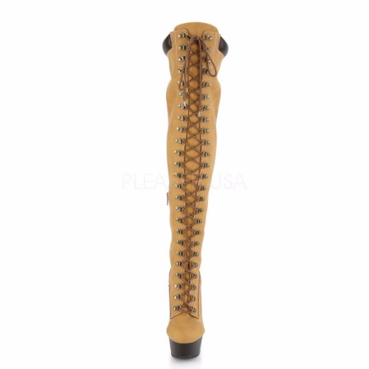 Product image of Pleaser DELIGHT-3000TL Tan Faux Suede Faux Leather/Dark Brown Matte 6 inch (15.2 cm) Heel 1 3/4 inch (4.5 cm) Platform Lace-Up Front Thigh High Boot Side Zip