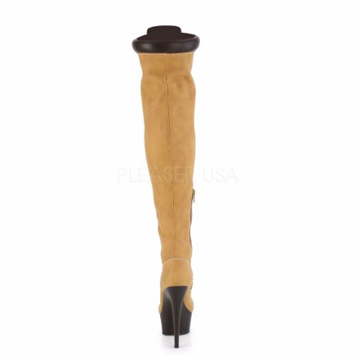Product image of Pleaser DELIGHT-3000TL Tan Faux Suede Faux Leather/Dark Brown Matte 6 inch (15.2 cm) Heel 1 3/4 inch (4.5 cm) Platform Lace-Up Front Thigh High Boot Side Zip