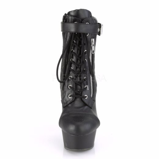 Product image of Pleaser DELIGHT-600-05 Black Faux Leather/Black Matte 6 inch (15.2 cm) Heel 1 3/4 inch (4.5 cm) Platform Lace-Up Front Ankle Bootie Side Zip