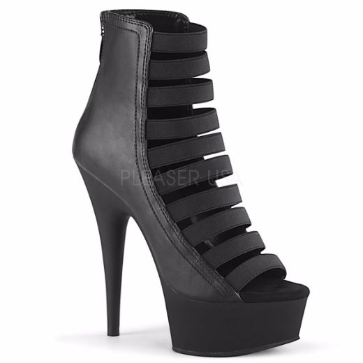 Product image of Pleaser DELIGHT-600-13 Black Elastic Band-Black Faux Leather/Black Ma 6 inch (15.2 cm) Heel 1 3/4 inch (4.5 cm) Platform Open Toe Strappy Ankle Bootie Back Zip