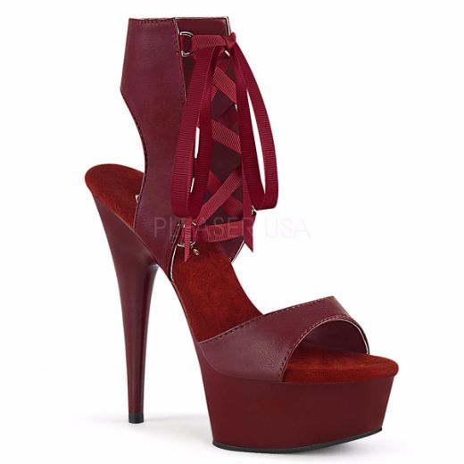 Product image of Pleaser DELIGHT-600-14 Burgundy Faux Leather/Burgundy Matte 6 inch (15.2 cm) Heel 1 3/4 inch (4.5 cm) Platform Front Lace-Up Sandal Shoes