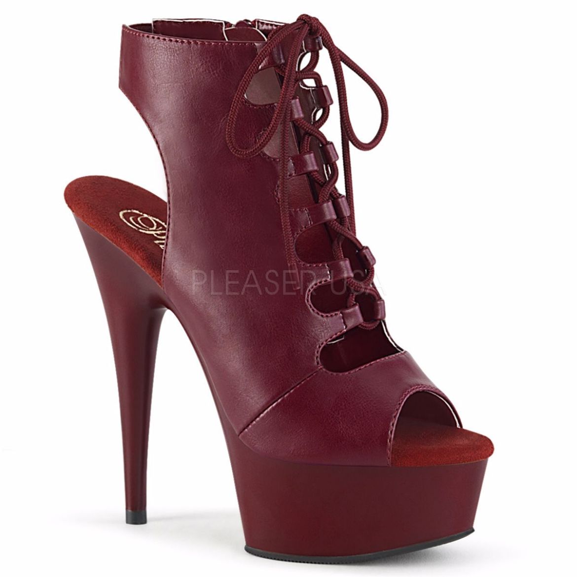 Product image of Pleaser DELIGHT-600-20 Burgundy Faux Leather/Burgundy Matte 6 inch (15.2 cm) Heel 1 3/4 inch (4.5 cm) Platform Front Lace-Up Ankle Bootie Side Zip