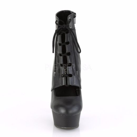 Product image of Pleaser DELIGHT-600-21 Black Faux Leather/Black Matte 6 inch (15.2 cm) Heel 1 3/4 inch (4.5 cm) Platform Lace-Up Front Ankle Bootie Inside Zip