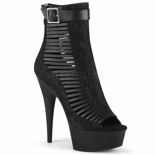 Product image of Pleaser DELIGHT-600-27LC Black Faux Leather-Fabric/Black Matte 6 inch (15.2 cm) Heel 1 3/4 inch (4.5 cm) Platform Open Toe Strappy Ankle Bootie Back Zip
