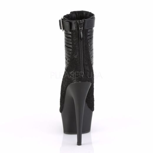 Product image of Pleaser DELIGHT-600-27LC Black Faux Leather-Fabric/Black Matte 6 inch (15.2 cm) Heel 1 3/4 inch (4.5 cm) Platform Open Toe Strappy Ankle Bootie Back Zip
