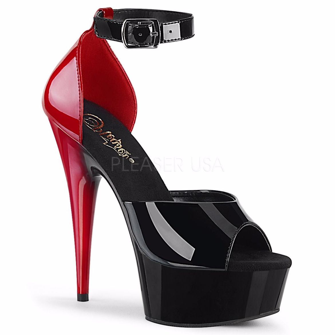 Product image of Pleaser DELIGHT-617 Black-Red Patent/Black-Red 6 inch (15.2 cm) Heel 1 3/4 inch (4.5 cm) Platform Two Tone Ankle Strap D'orsay Sandal Shoes