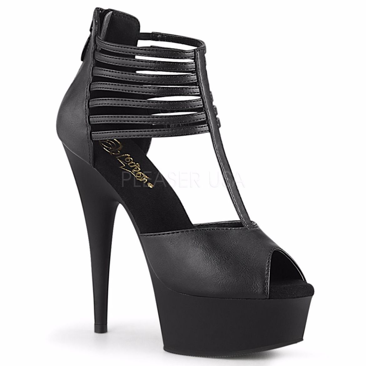 Product image of Pleaser DELIGHT-626 Black Faux Leather/Black Matte 6 inch (15.2 cm) Heel 1 3/4 inch (4.5 cm) Platform T-Straps Close Back Sandal Back Zip Shoes