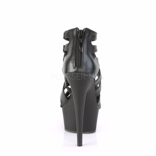 Product image of Pleaser DELIGHT-645 Black Faux Leather/Black Matte 6 inch (15.2 cm) Heel 1 3/4 inch (4.5 cm) Platform Strappy Criss Cross Bootie Back Zip Sandal Shoes
