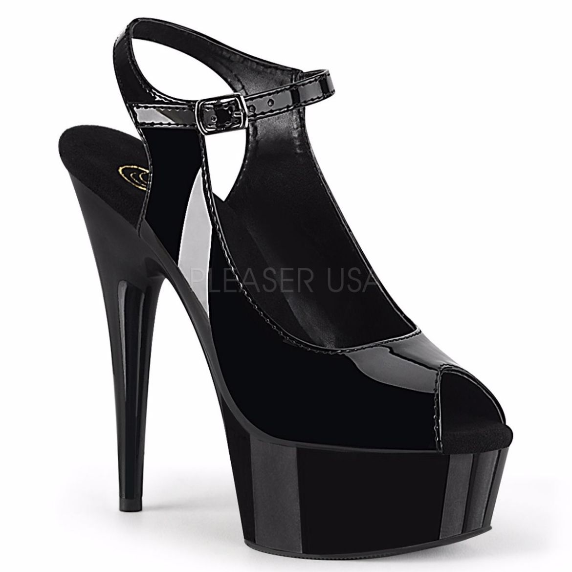 Product image of Pleaser DELIGHT-655 Black Patent/Black 6 inch (15.2 cm) Heel 1 3/4 inch (4.5 cm) Platform Peep Toe Ankle Strap Sandal Shoes
