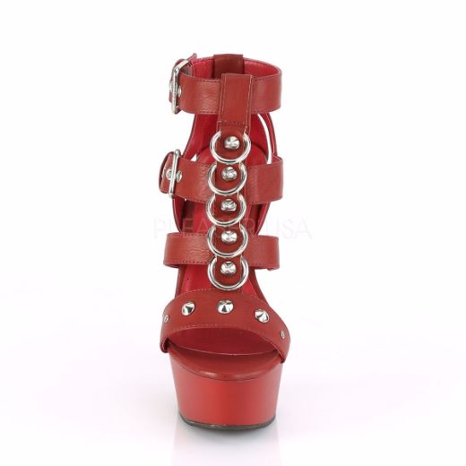 Product image of Pleaser DELIGHT-658 Red Faux Leather/Red Matte 6 inch (15.2 cm) Heel 1 3/4 inch (4.5 cm) Platform Strappy T-Straps Close Back Sandal