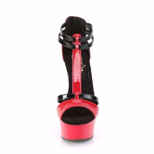 Product image of Pleaser DELIGHT-663 Red-Black Patent/Red-Black 6 inch (15.2 cm) Heel 1 3/4 inch (4.5 cm) Platform Two Tone T-Strap Ankle Strap Sandal Shoes