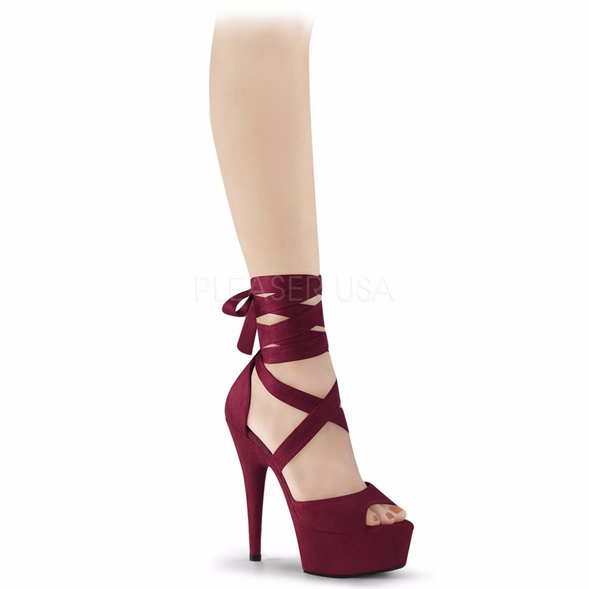 Product image of Pleaser DELIGHT-679 Burgundy Faux Suede/Burgundy Faux Suede 6 inch (15.2 cm) Heel 1 3/4 inch (4.5 cm) Platform Criss Cross Ankle Wrap Sandal Shoes