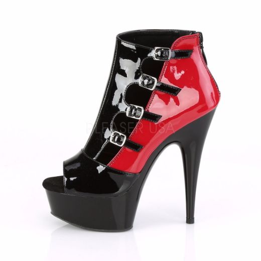 Product image of Pleaser DELIGHT-681 Black-Red Patent/Black 6 inch (15.2 cm) Heel 1 3/4 inch (4.5 cm) Platform Two Tone Buckles Ankle Bootie Back Zip