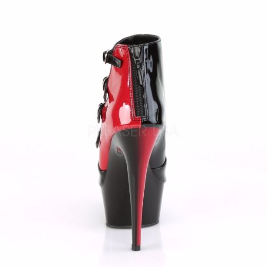 Product image of Pleaser DELIGHT-681 Black-Red Patent/Black 6 inch (15.2 cm) Heel 1 3/4 inch (4.5 cm) Platform Two Tone Buckles Ankle Bootie Back Zip