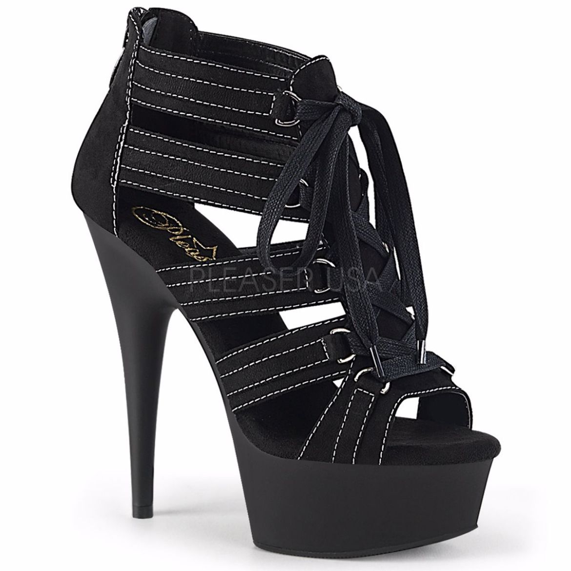 Product image of Pleaser DELIGHT-693 Black Microfiber/Black Matte 6 inch (15.2 cm) Heel 1 3/4 inch (4.5 cm) Platform Close Back Cage Sandal Back Zip Shoes